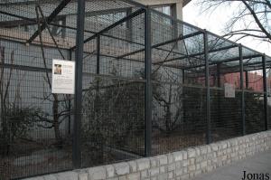 Volières extérieures entourant le bâtiment des psittacidés